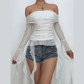 Long flared sleeve off shoulder mesh ruffle solid top  | Festival Outfits Women