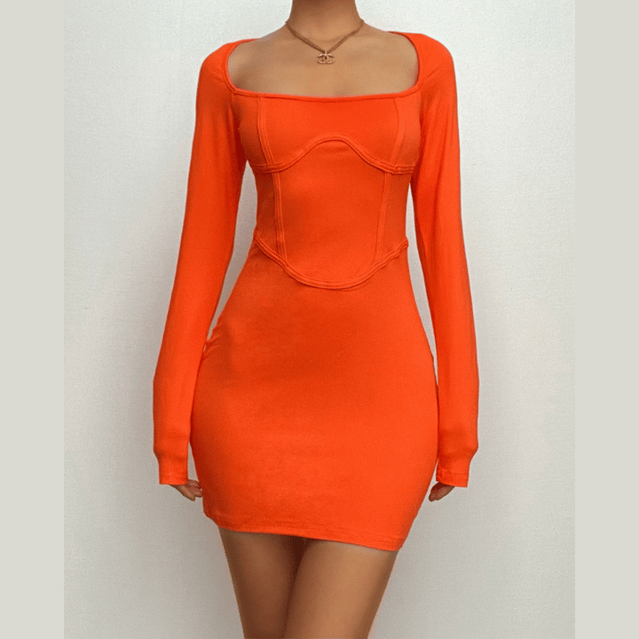 Square neck long sleeve solid corset mini dress-final-sale  | Festival Outfits Women