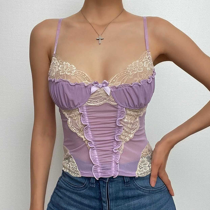 Lace hem contrast ruffle ruched patchwork cross back crop top-final-sale