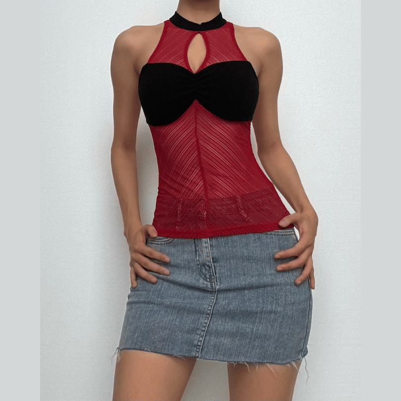 High neck ruched hollow out mesh zip-up tank cut out top  | Festival Outfits Women
