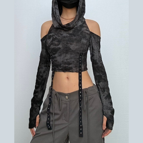 Long sleeve hoodie off shoulder buckle crop top  | Festival Outfits Women