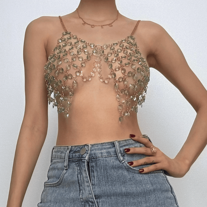 Beaded metal chain u neck backless layered cami top  | Festival Outfits Women