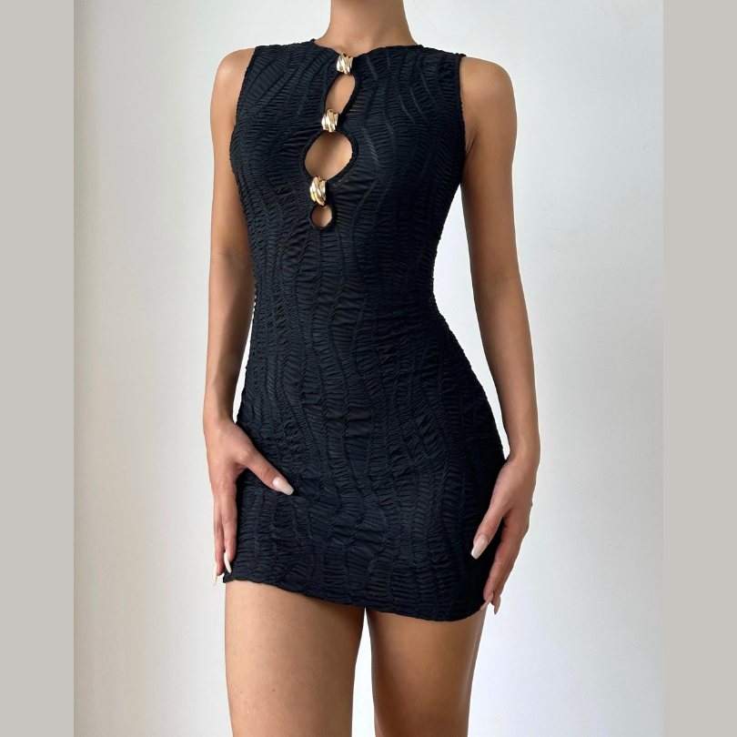 Sleeveless metal applique hollow out cut out mini dress  | Festival Outfits Women