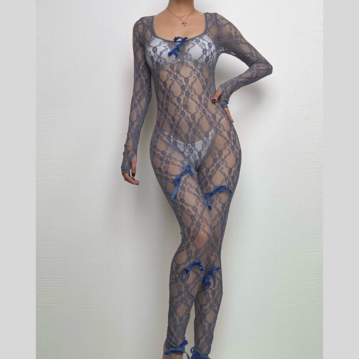 Long sleeve see through bowknot lace jumpsuit-final-sale  | Festival Outfits Women