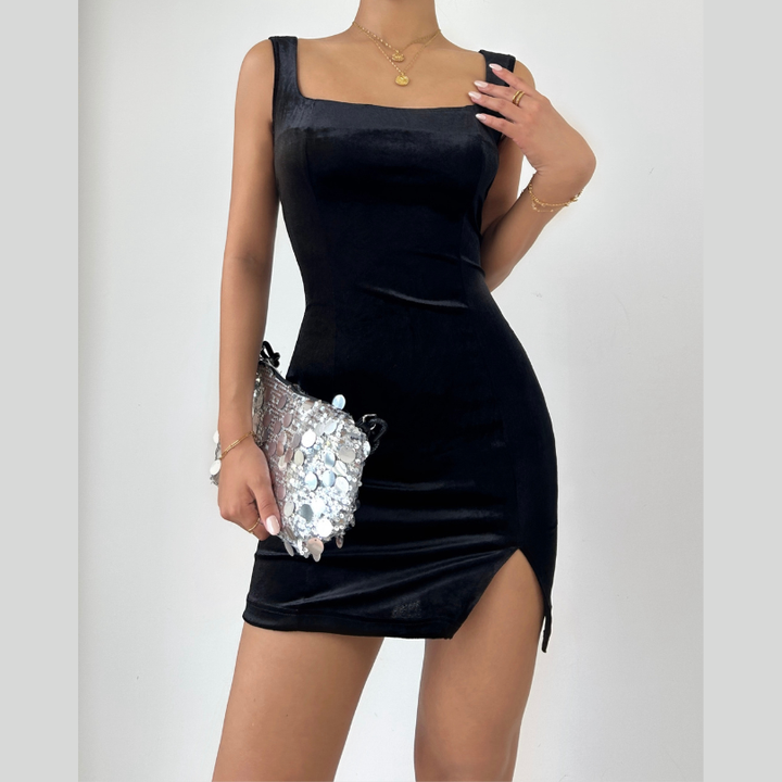 Square neck velvet slit cami mini dress  | Festival Outfits Women