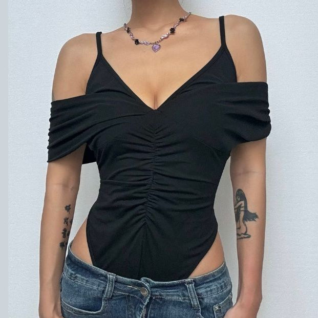 Ruched v neck hollow out cami bodysuit  | Festival Outfits Women-final-sale