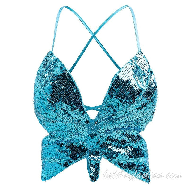 Spaghetti strap sleeveless glitter butterfly pattern deep v neck crop top - Halibuy - 22