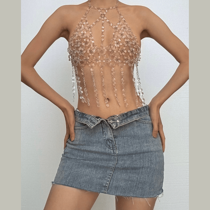 Halter o ring hollow out crystal tassels cut out top  | Festival Outfits Women