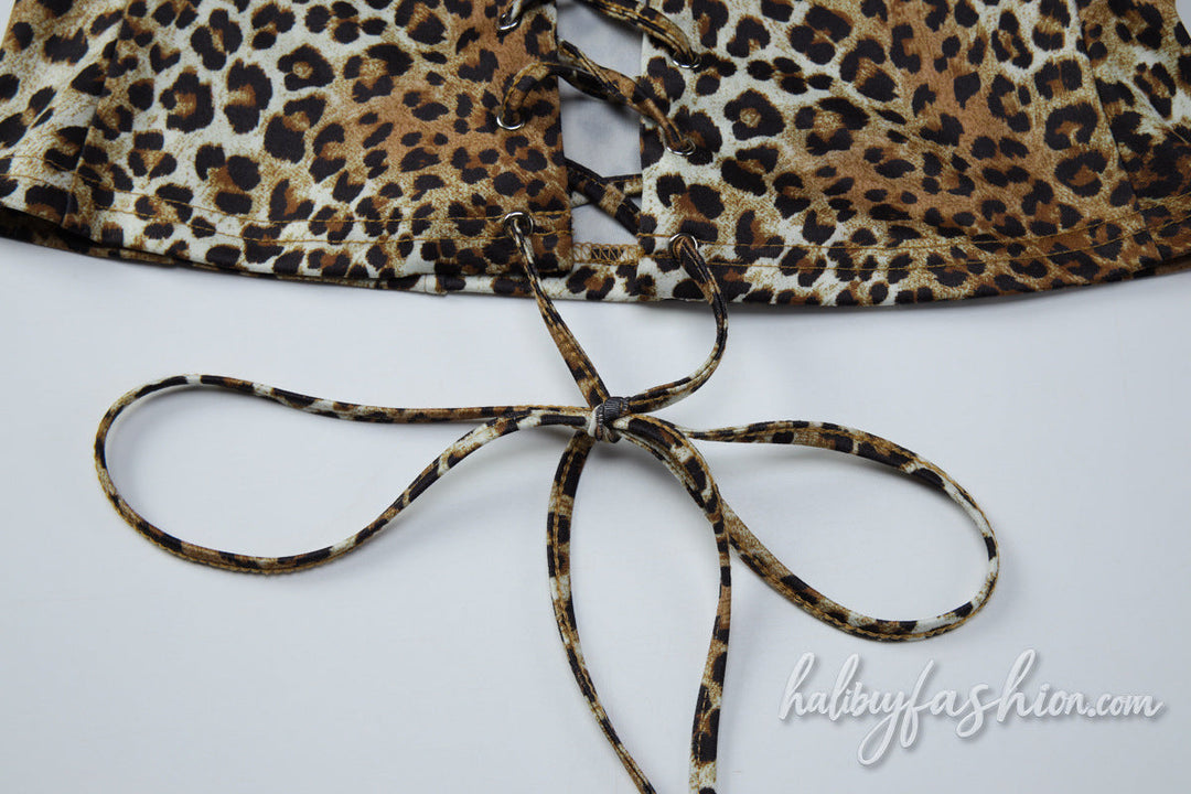Leopard print halter button lace up hollow out top - Halibuy - 6