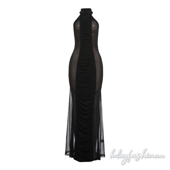 Halter ruched mesh solid see through maxi dress