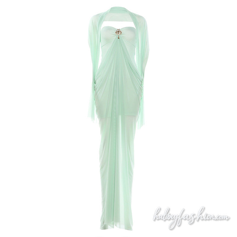 Ruched mesh sweetheart neck solid maxi dress