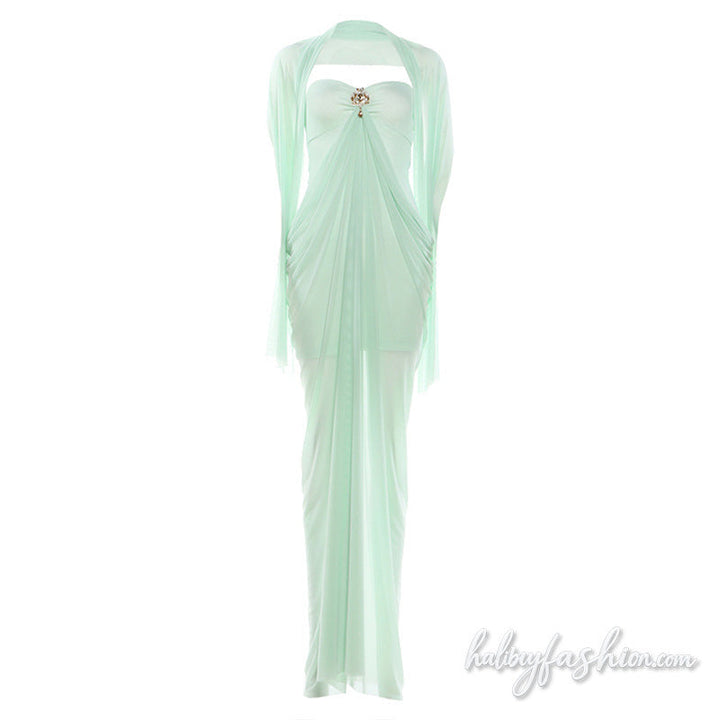 Ruched mesh sweetheart neck solid maxi dress