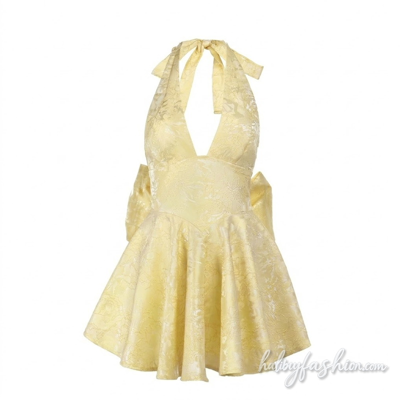Halter self tie bowknot v neck print mini dress