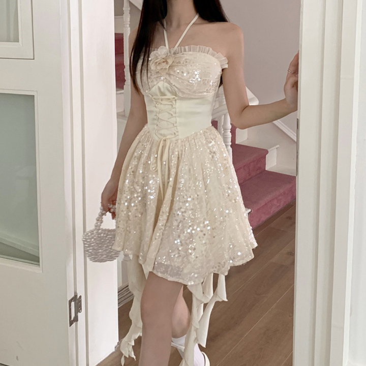 Glitter halter ruffle lace up mini dress  | Festival Outfits Women