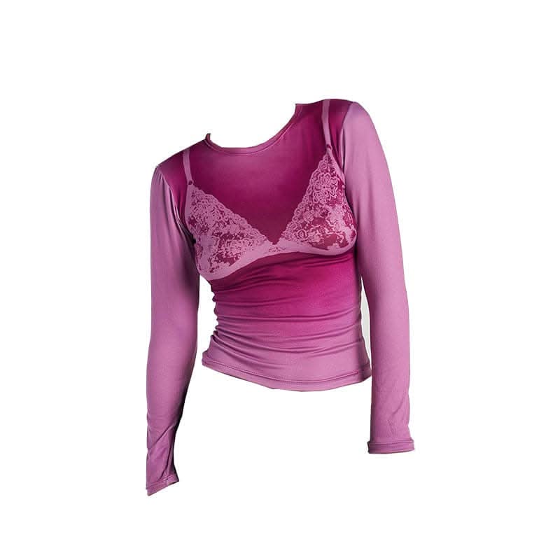 Long sleeve body print gradient crewneck contrast top-final-sale  | Festival Outfits Women