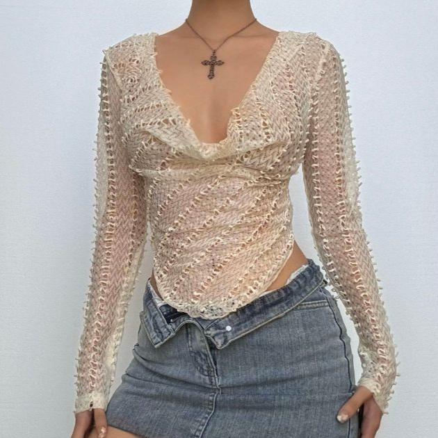 Cowl neck long sleeve irregular hollow out cut out top  | Festival Outfits Women
