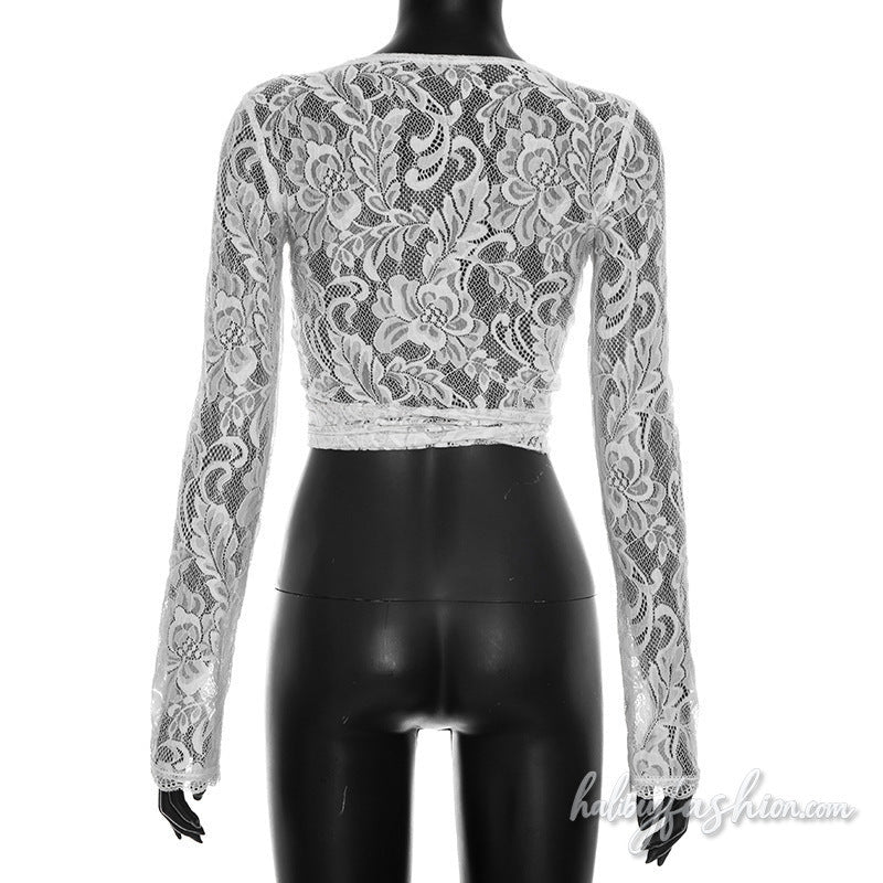 Long sleeve lace see through v neck self tie top - Halibuy - 5