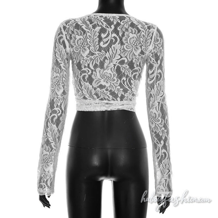 Long sleeve lace see through v neck self tie top - Halibuy - 5