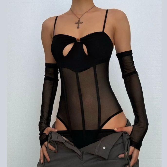 Gloves mesh hollow out button corset cami bodysuit-final-sale