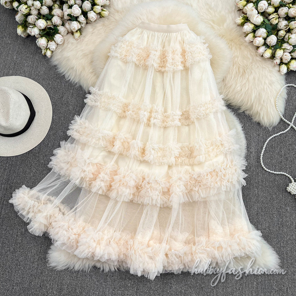 Ruffle mesh ruched maxi skirt