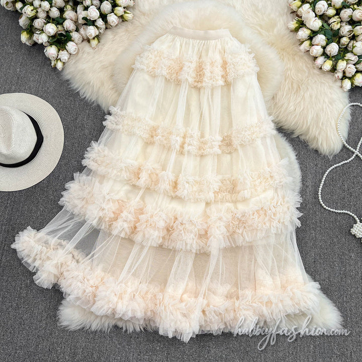 Ruffle mesh ruched maxi skirt