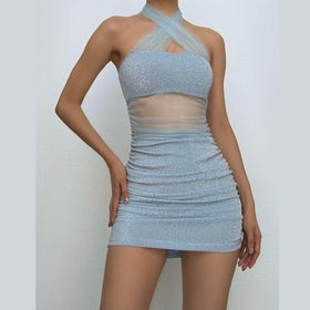 Halter glitter mesh ruched mini dress  | Festival Outfits Women