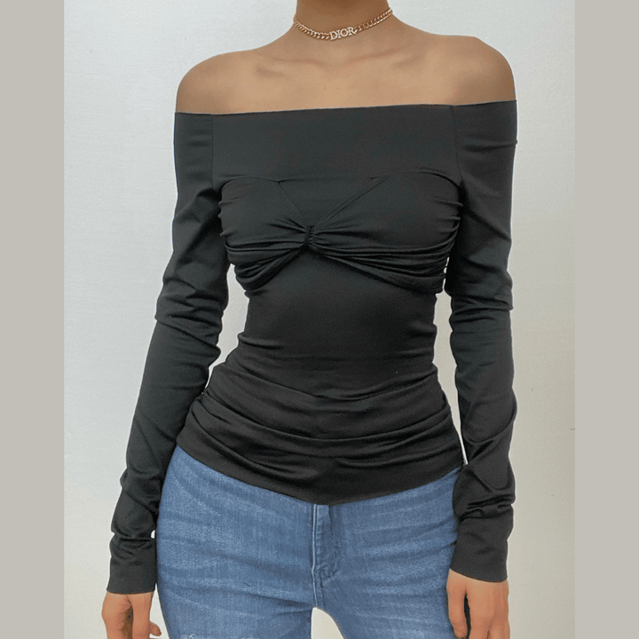 Mesh solid off shoulder ruched long sleeve top - Final Sale-final-sale  | Festival Outfits Women