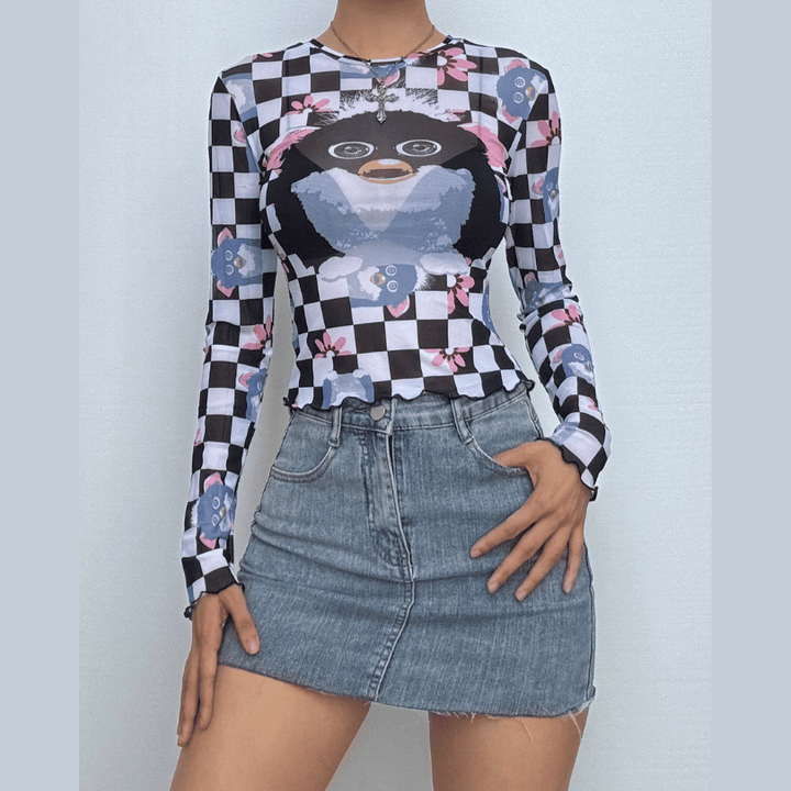 Long sleeve plaid print sheer mesh top  | Festival Outfits Women