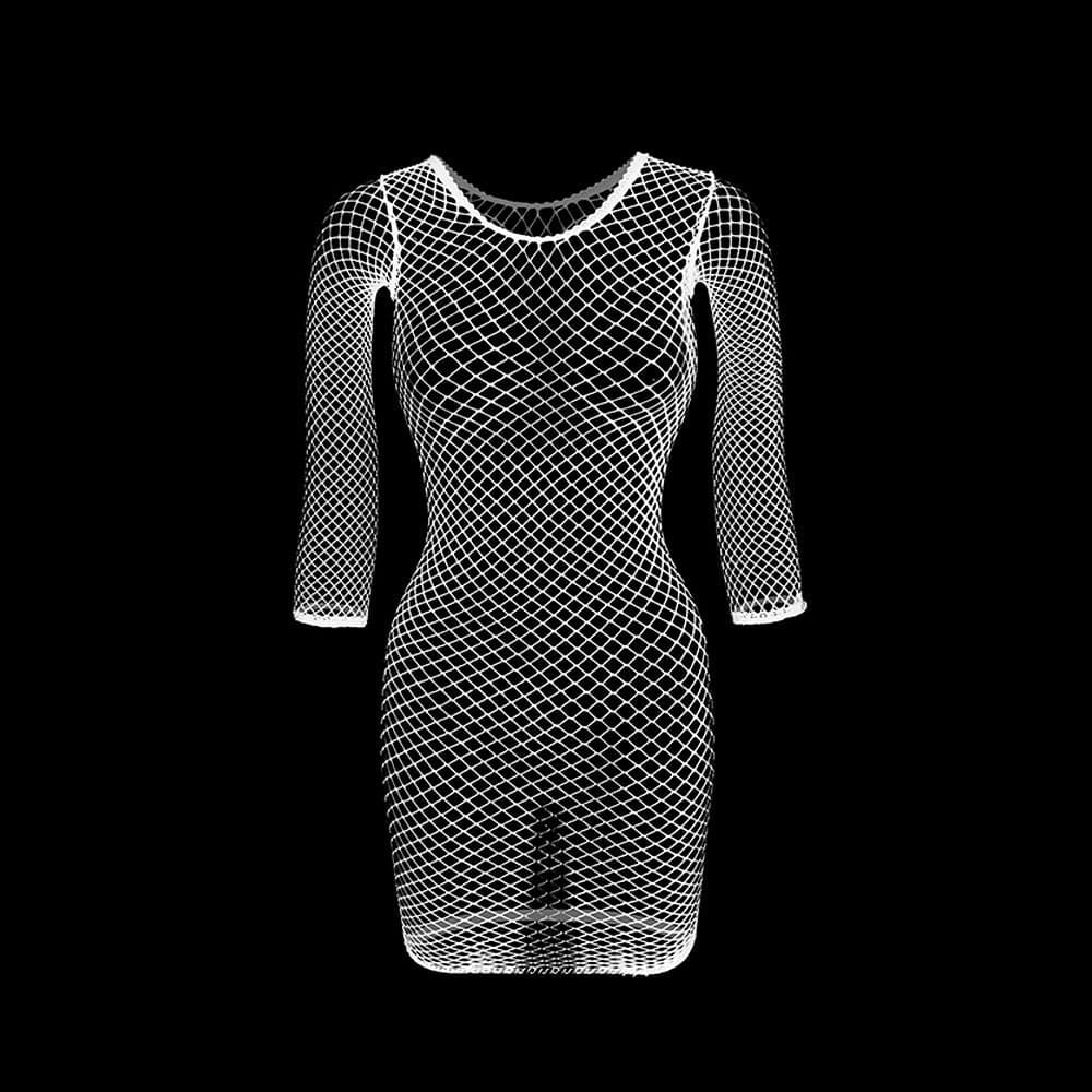 Long sleeve crewneck fishnet solid mini dress  | Festival Outfits Women