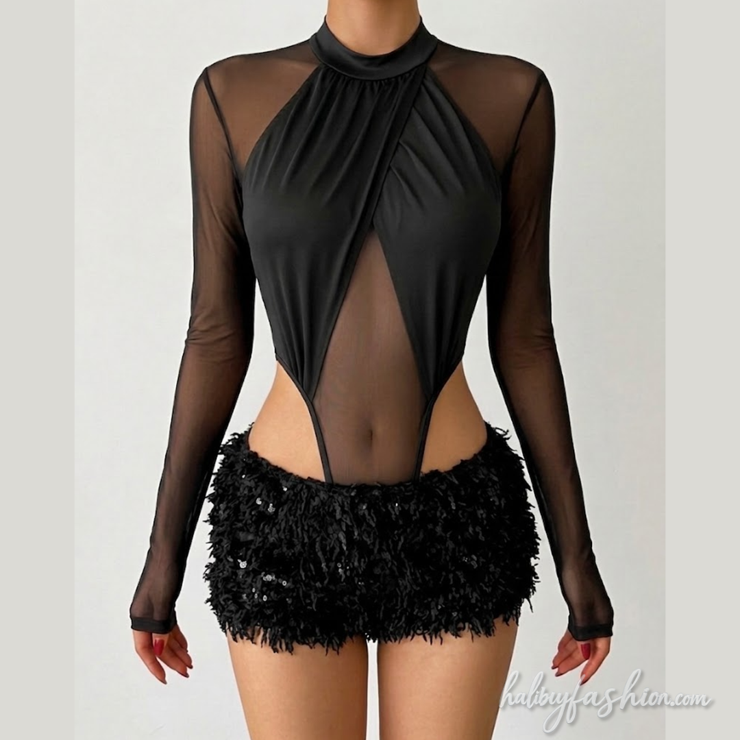 Long sleeve mesh crewneck button solid bodysuit