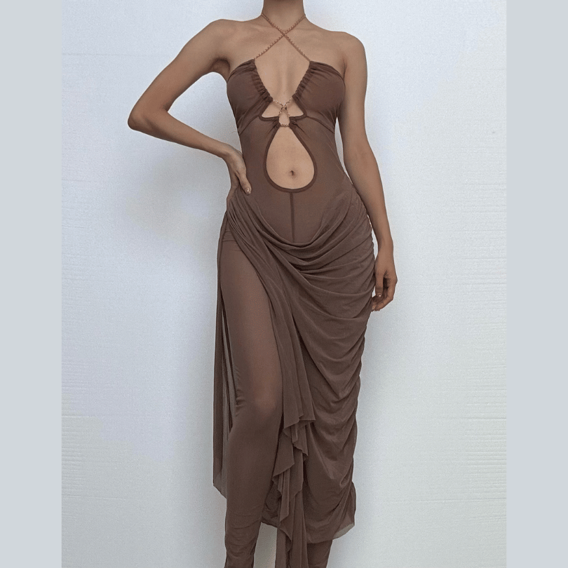 Metal chain halter ruched sheer mesh hollow out cut out maxi dress  | Festival Outfits Women