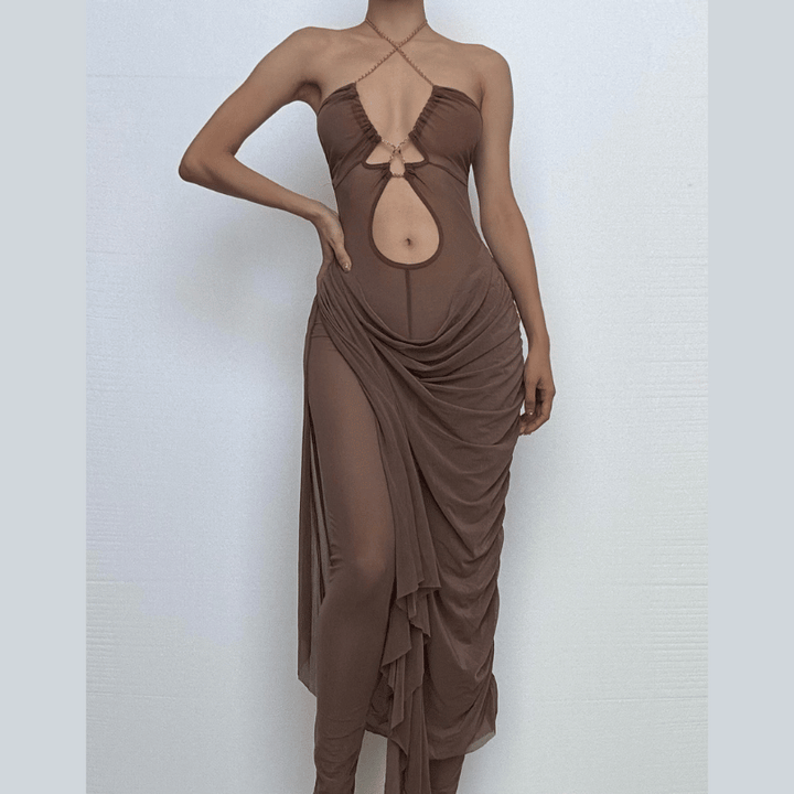 Metal chain halter ruched sheer mesh hollow out cut out maxi dress  | Festival Outfits Women
