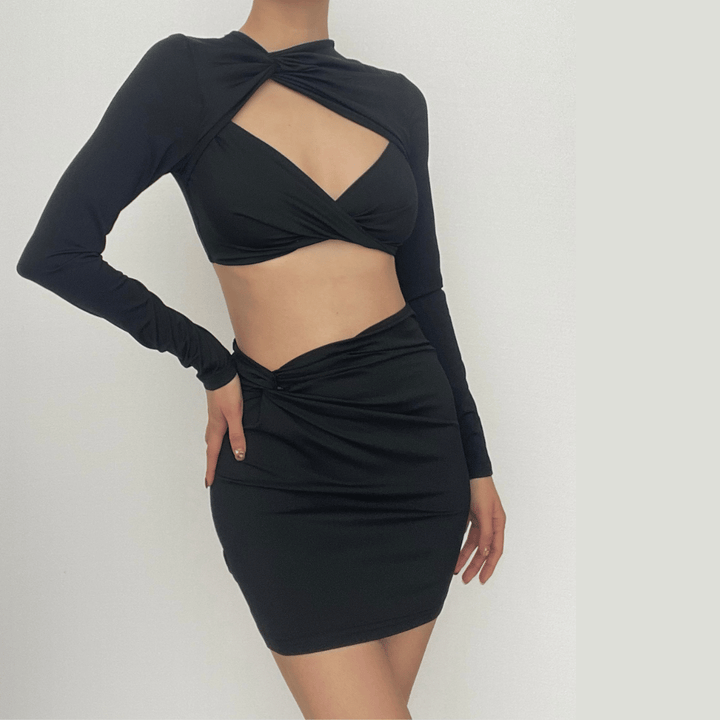 Knotted hollow out solid ruched long sleeve mini skirt set-final-sale  | Festival Outfits Women