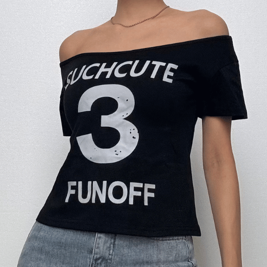 Short sleeve letter print off shoulder contrast top-final-sale  | Festival Outfits Women