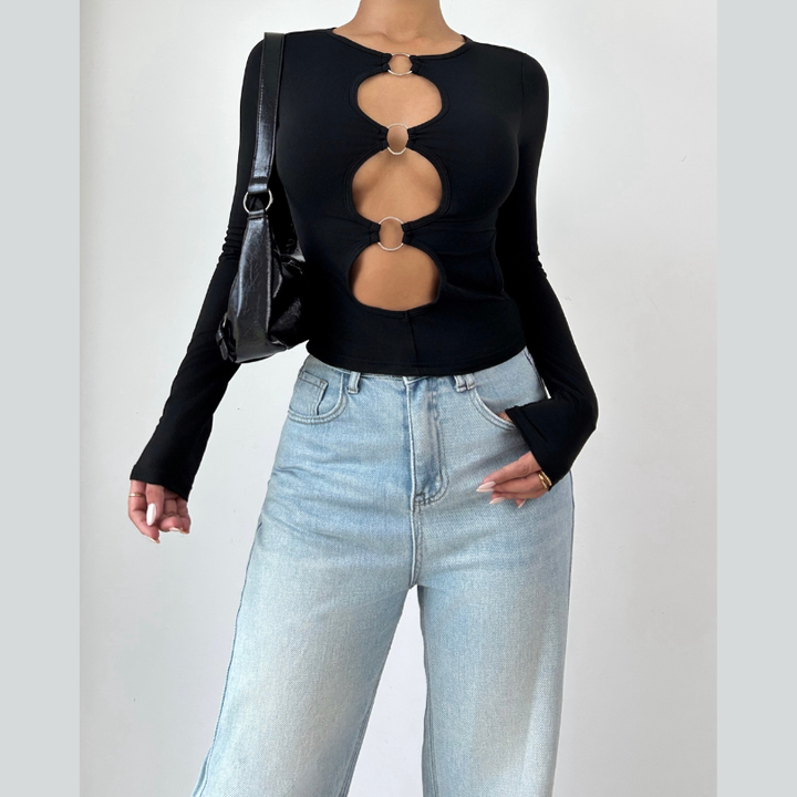 Long sleeve hollow out o ring cut out top  | Festival Outfits Women