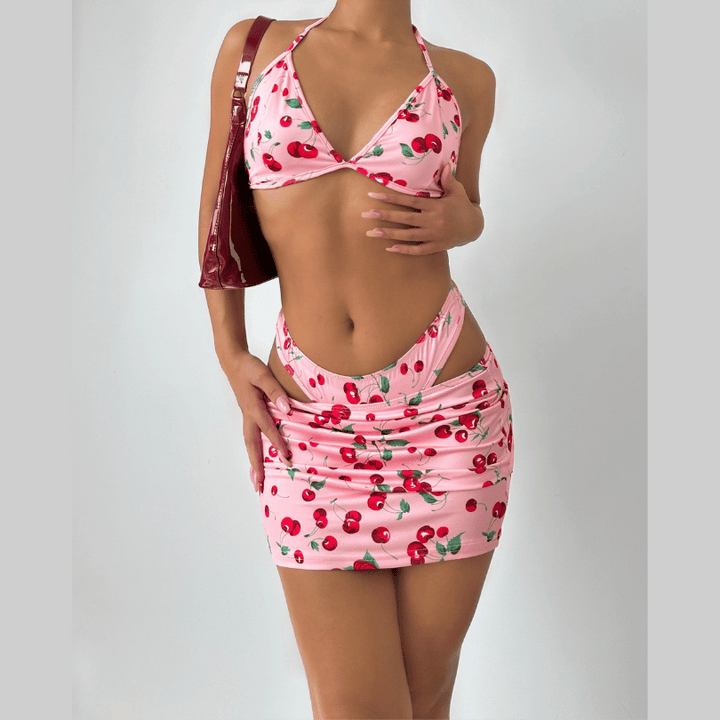 Halter self tie Cherry print v neck bikini swimwear-final-sale