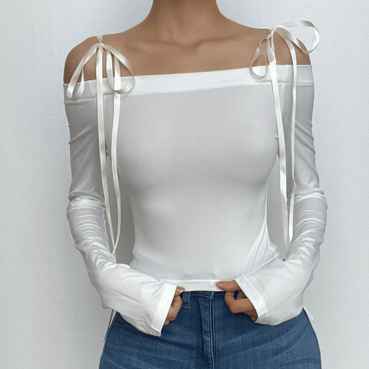 Self tie off shoulder long sleeve solid top