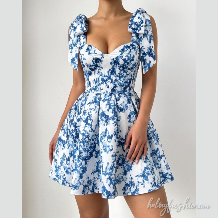 Print v neck smocked self tie cami mini dress