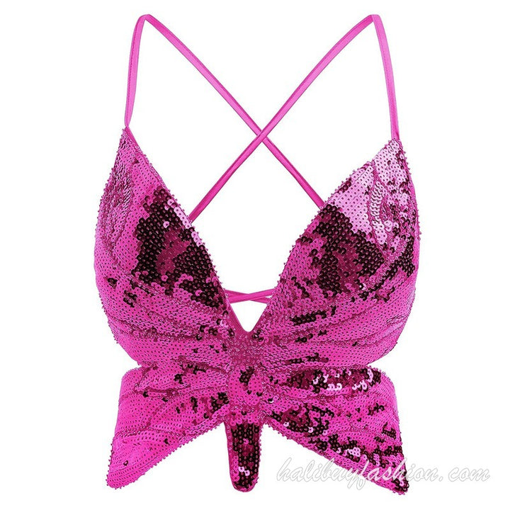 Spaghetti strap sleeveless glitter butterfly pattern deep v neck crop top - Halibuy - 23