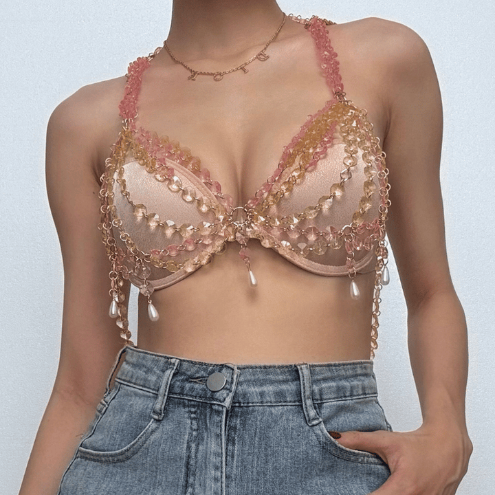 Metal chain beaded faux pearl cross backless bralette top  | Festival Outfits Women