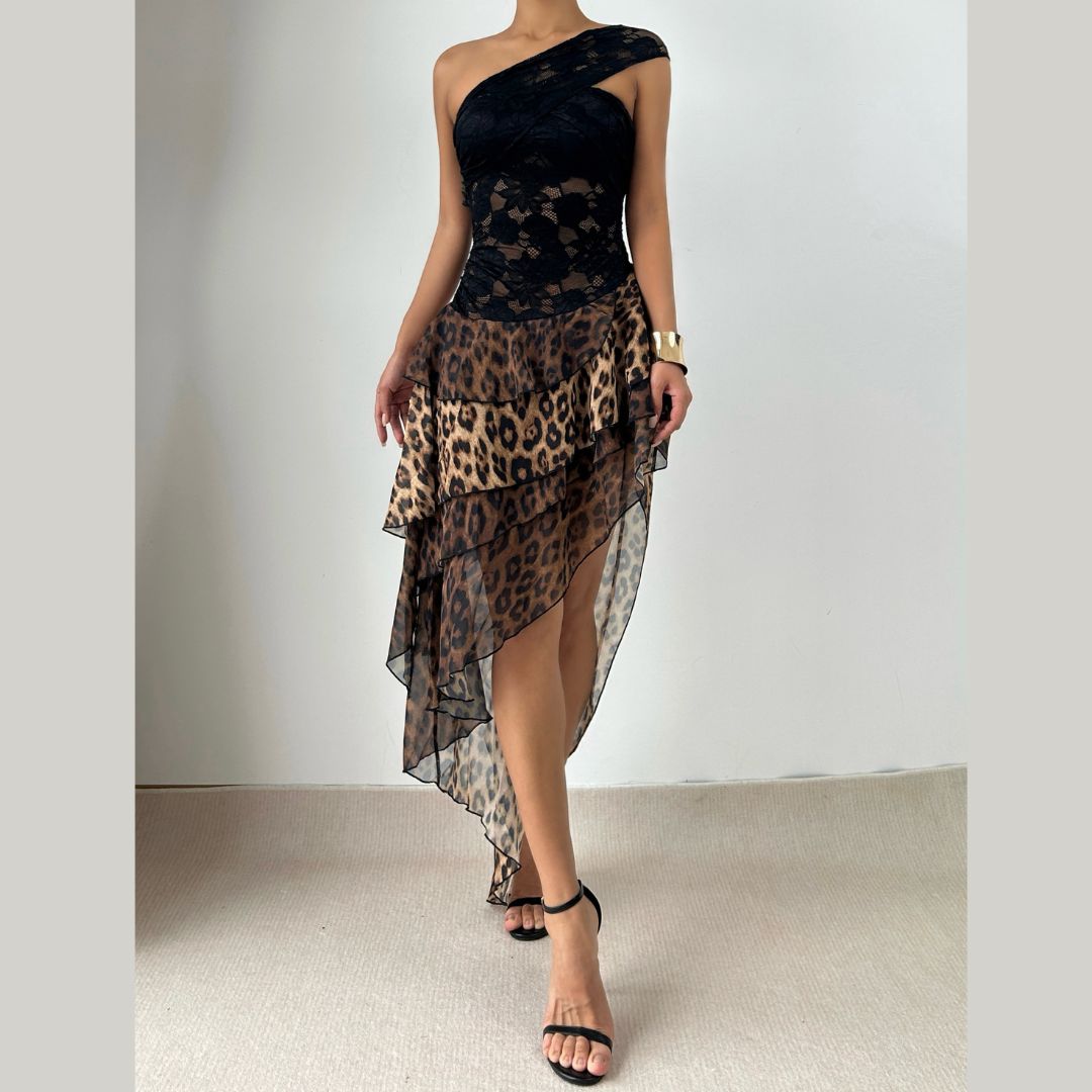Leopard print irregular lace one shoulder mini dress  | Festival Outfits Women  | Leopard Print Mini Dress