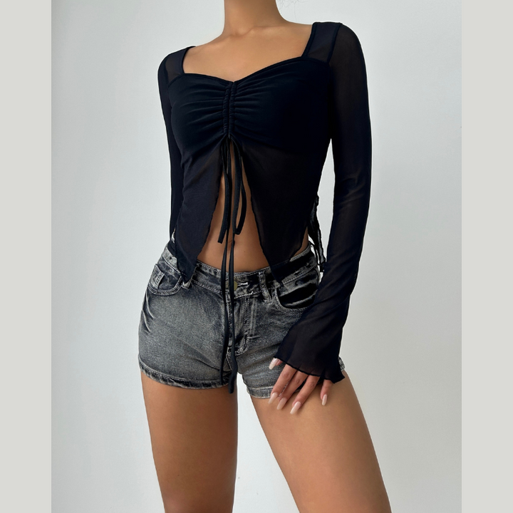 Mesh long sleeve v neck leopard print ruched top  | Festival Outfits Women  | Cheetah Print Top