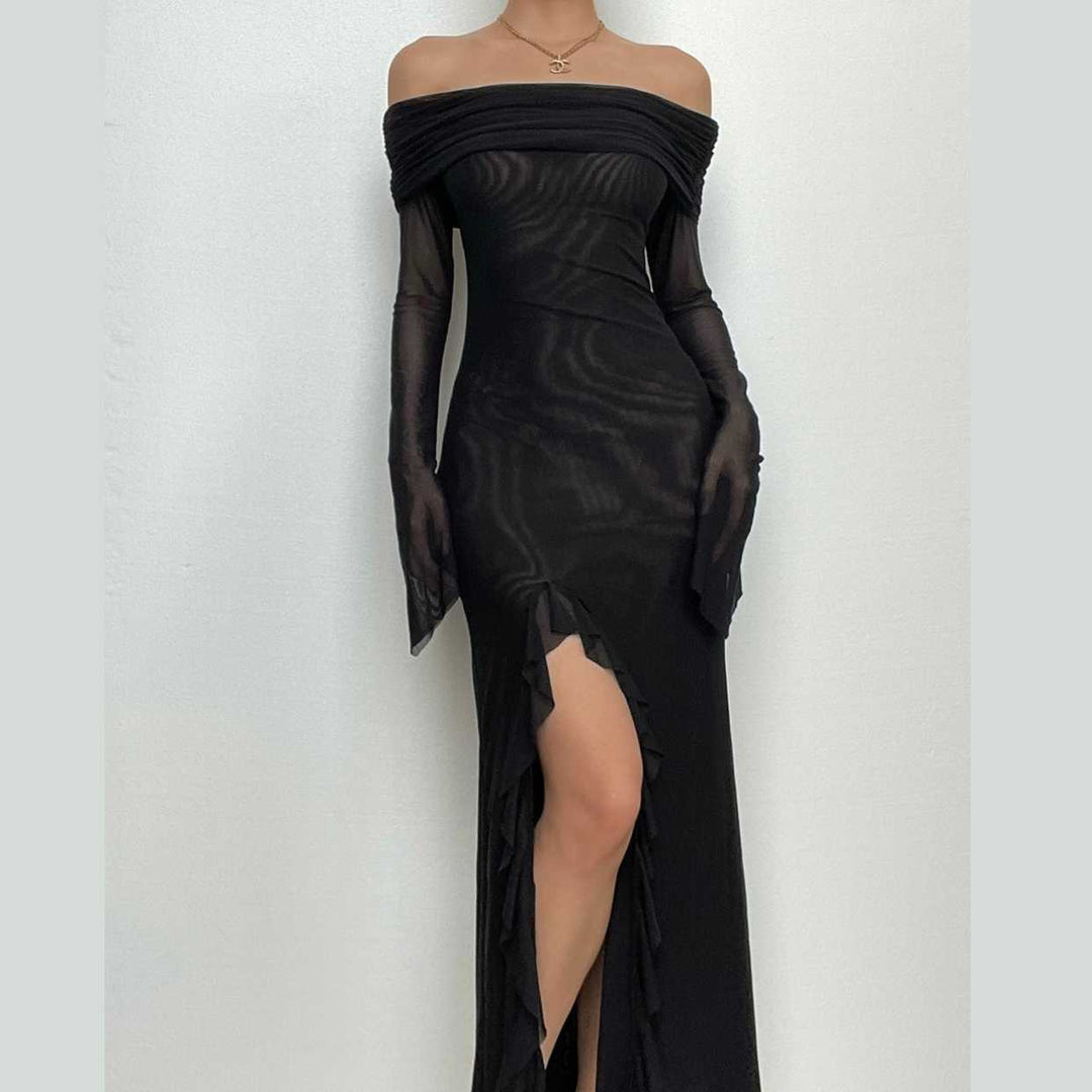 Off shoulder slit sheer mesh see through long sleeve maxi dress - Final Sale
