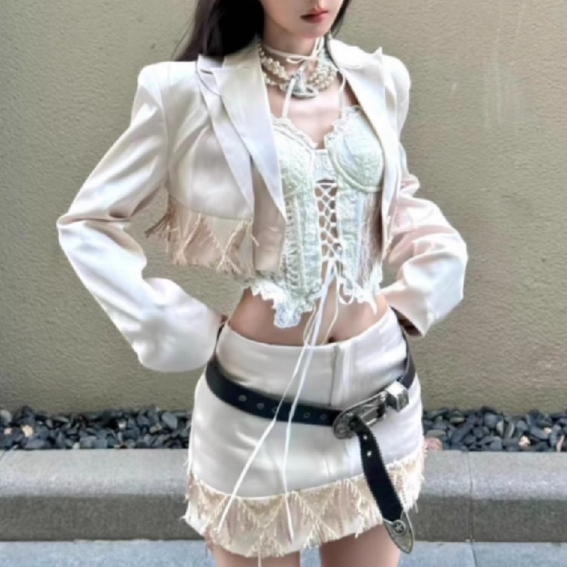 Long sleeve lace hem self tie satin 3 piece skirt set  | Festival Outfits Women