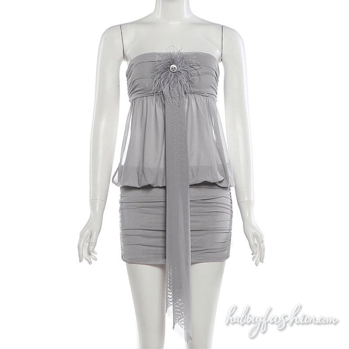 Mesh ruched feather applique self tie mini dress