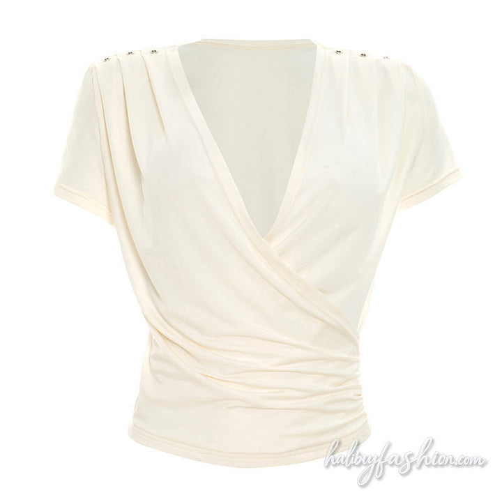 Short sleeve v neck ruched solid top