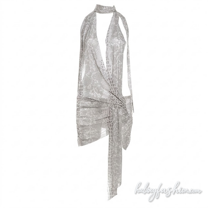 Snakeskin print halter ruched irregular mesh mini dress - Halibuy
