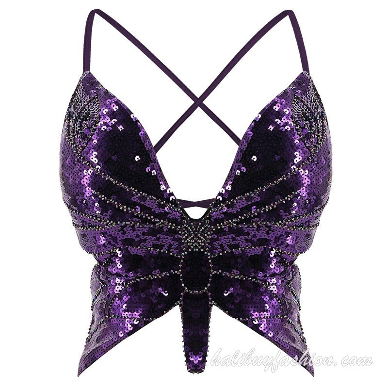 Spaghetti strap sleeveless glitter butterfly pattern deep v neck crop top - Halibuy - 24
