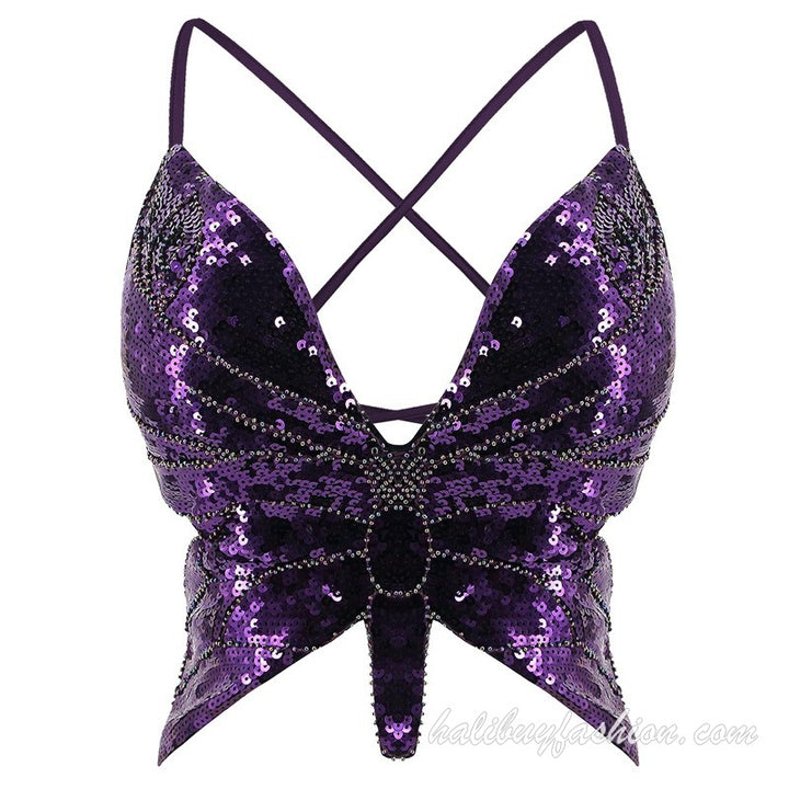 Spaghetti strap sleeveless glitter butterfly pattern deep v neck crop top - Halibuy - 24