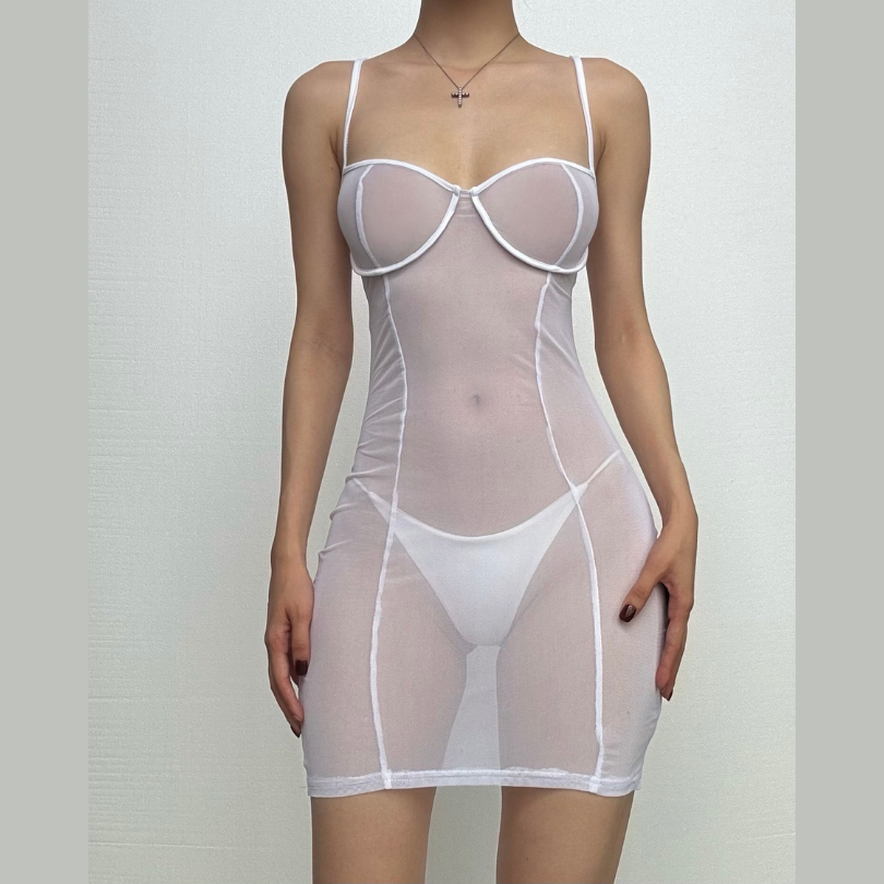 Sheer mesh see through solid low cut cami mini dress-final-sale